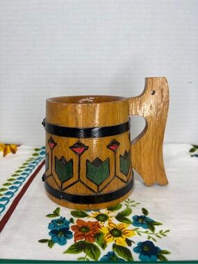 Handmade Swedish Wooden Beer Stein Carved Decorative Folk Art Mug Floral